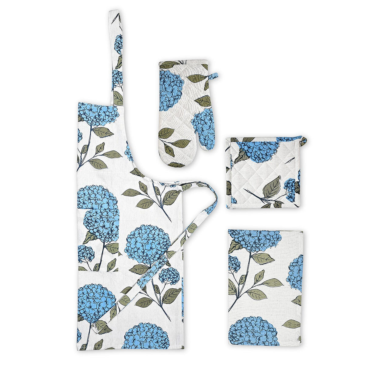 Livmore Blue Floral Design Set of 4 Cotton pcs Kitchen Apron, Glove, Pot Holder and Kitchen Towel