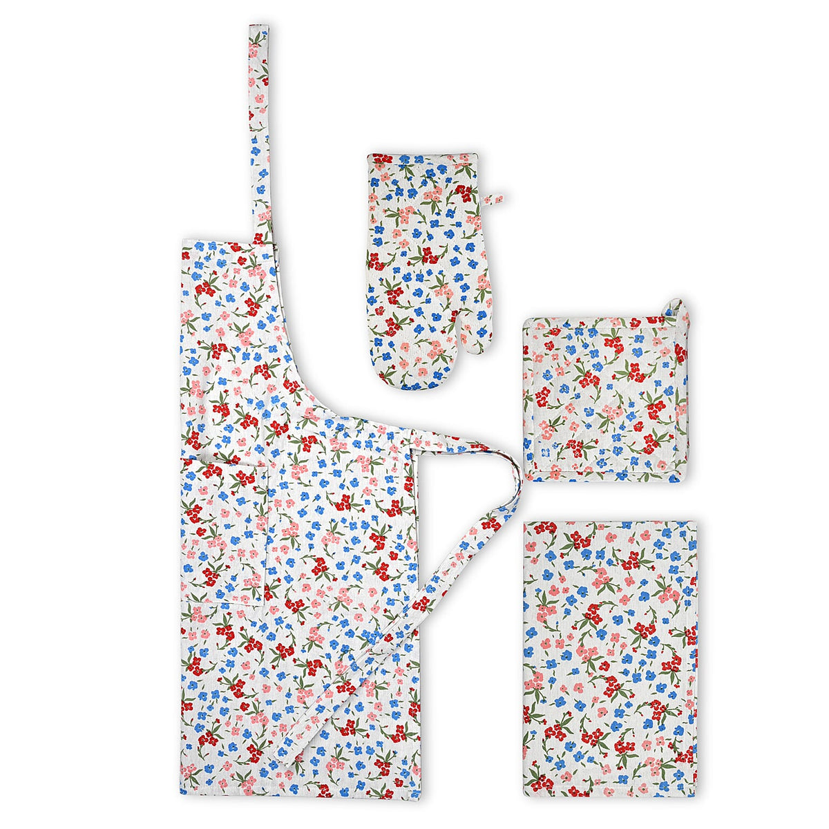 Livmore Blue Floral Design Set of 4 Cotton pcs Kitchen Apron, Glove, Pot Holder and Kitchen Towel