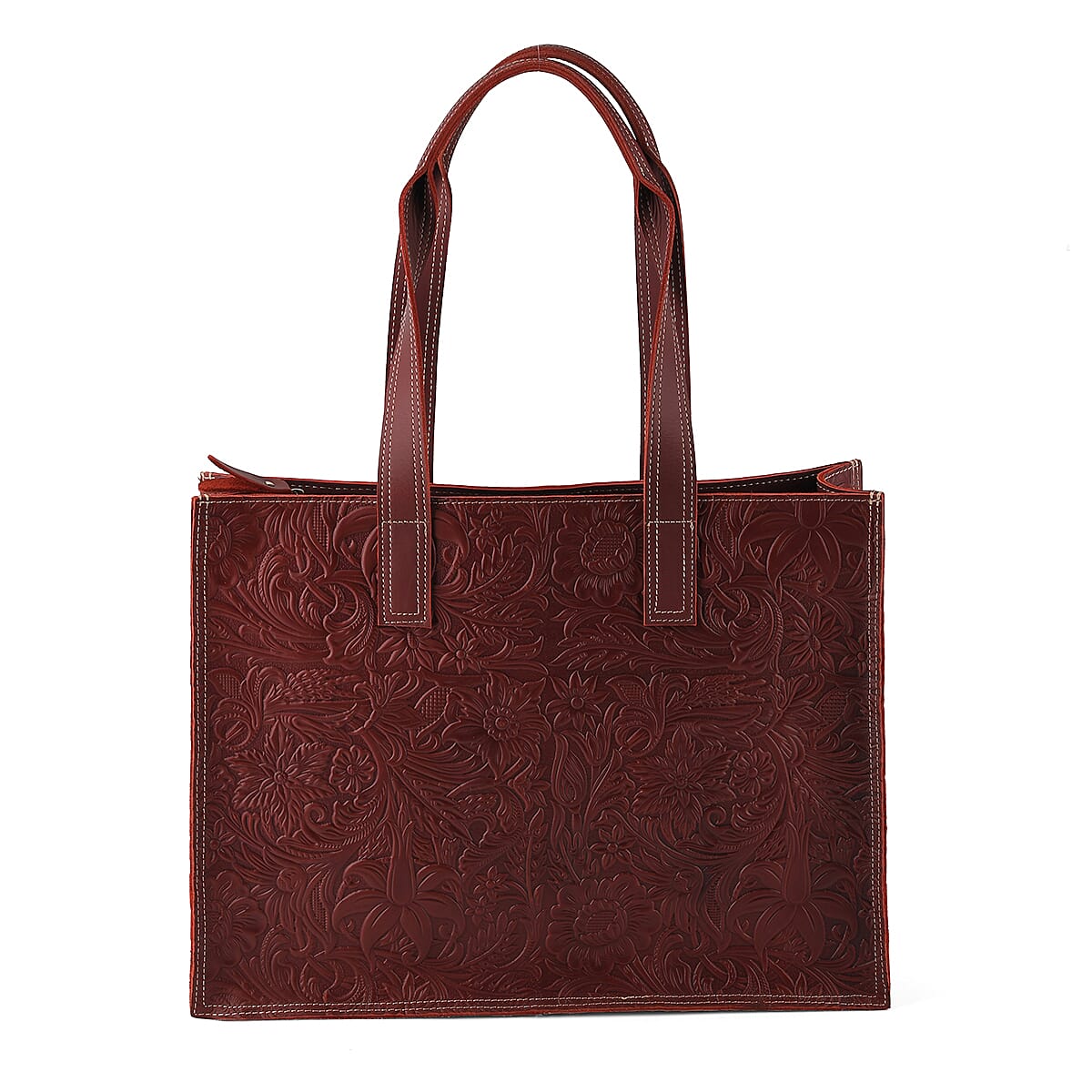 La Marey Green Embossed Pattern Genuine Leather Tote Bag with Long Strap