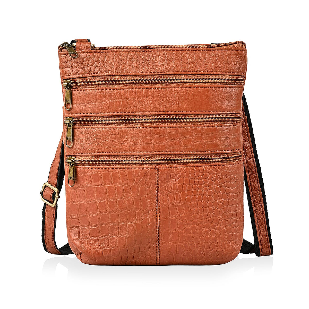 Tan Genuine Leather Croco Embossed Crossbody Bag (8.5"x9.5")