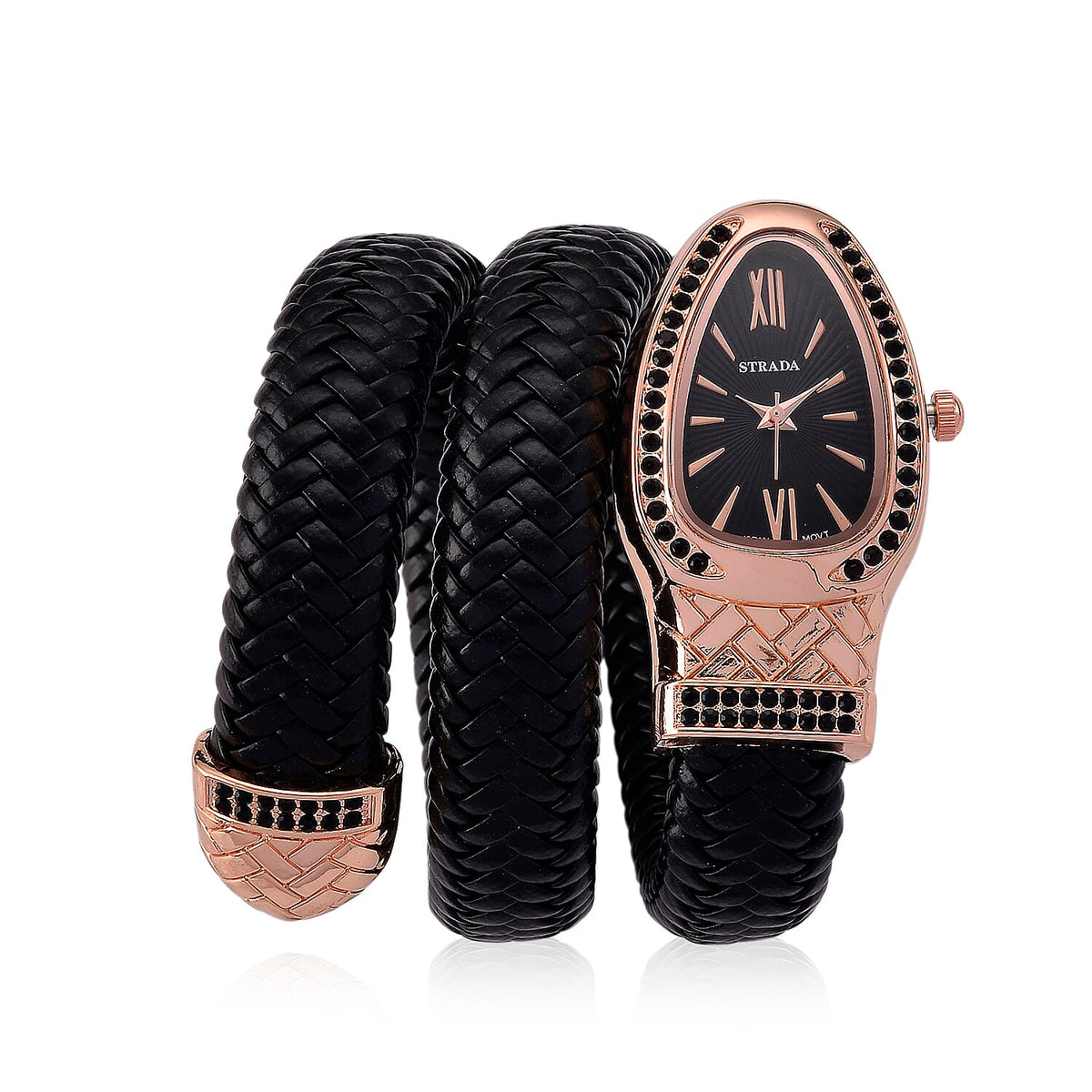 Strada Black Austrian Crystal Japanese Movement Watch in Rose Faux Leather Braided StrapSTG : Alloy : Ladies Watc