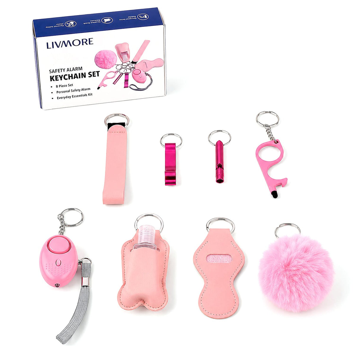 Livmore Black Set of 8 Safety Alarm Keychain For Women