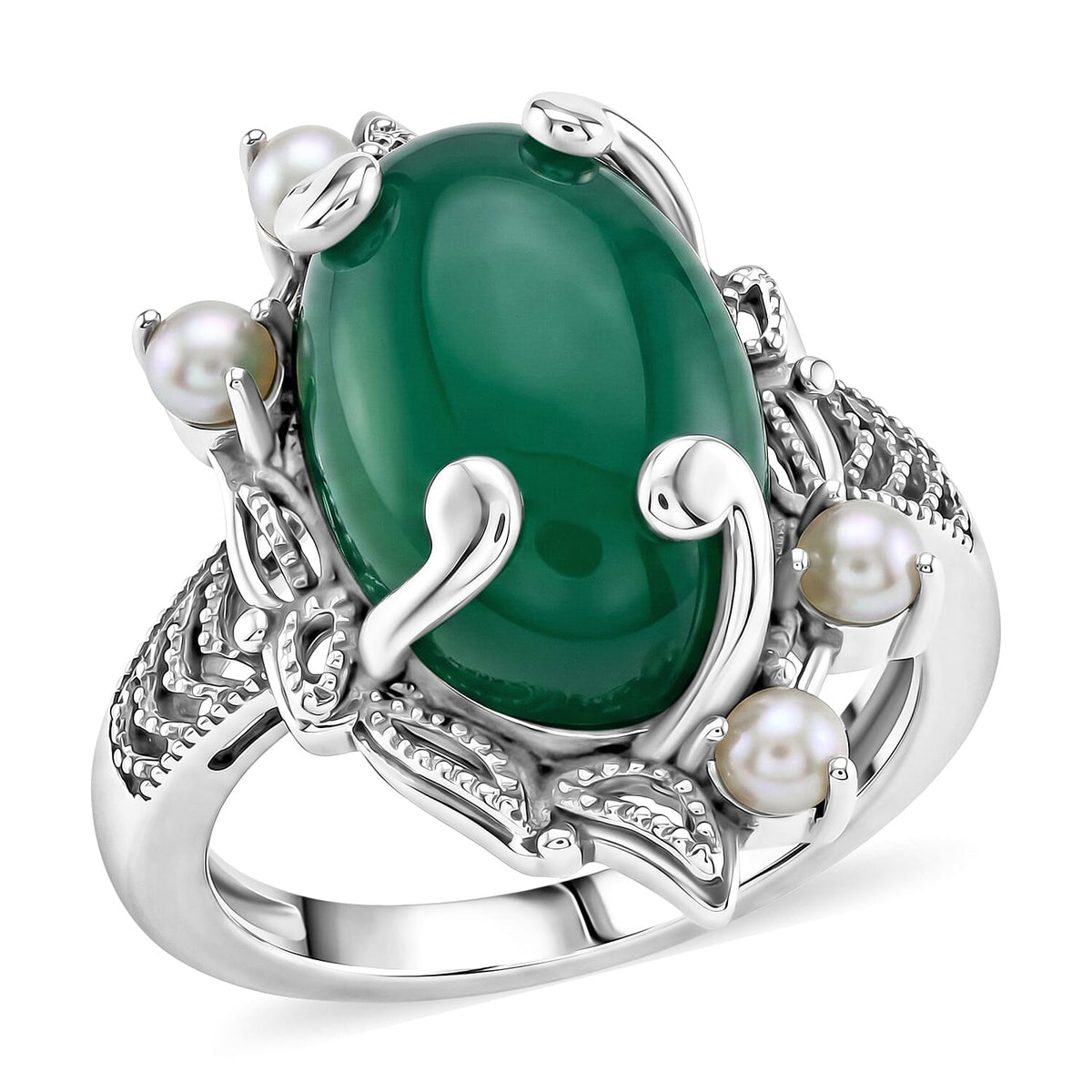 D''Joy Indian Artisan Crafted Green Onyx 8.00 ctw and Freshwater Pearl Ring in Sterling Silver (Size 7.0)
