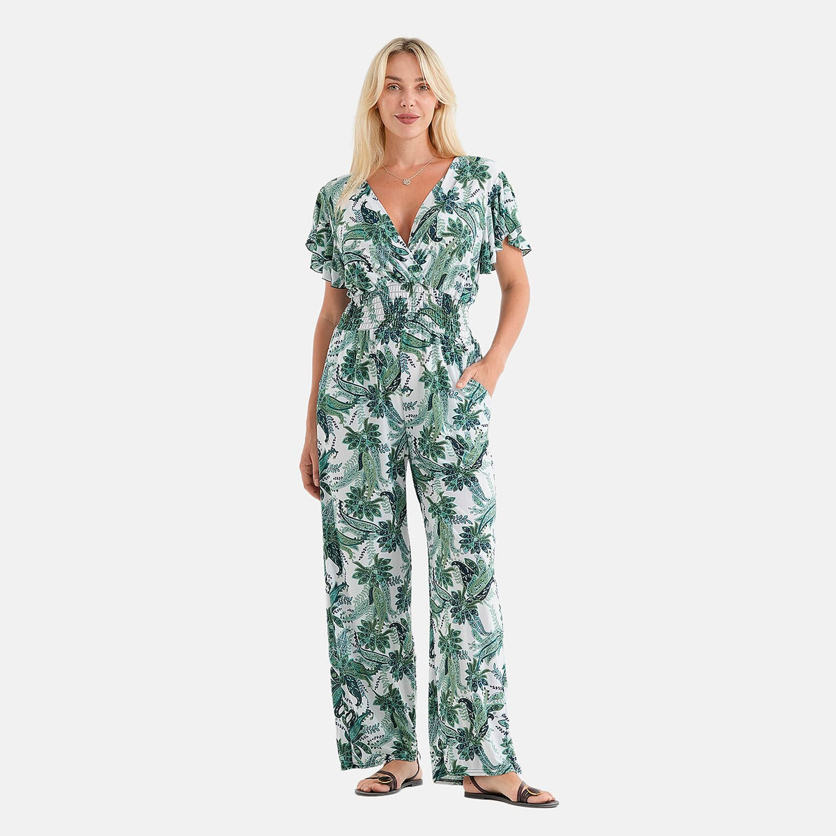 La Marey Black & White Smocked Waist Jumpsuit with Flutter Sleeve - One Size Fits Most