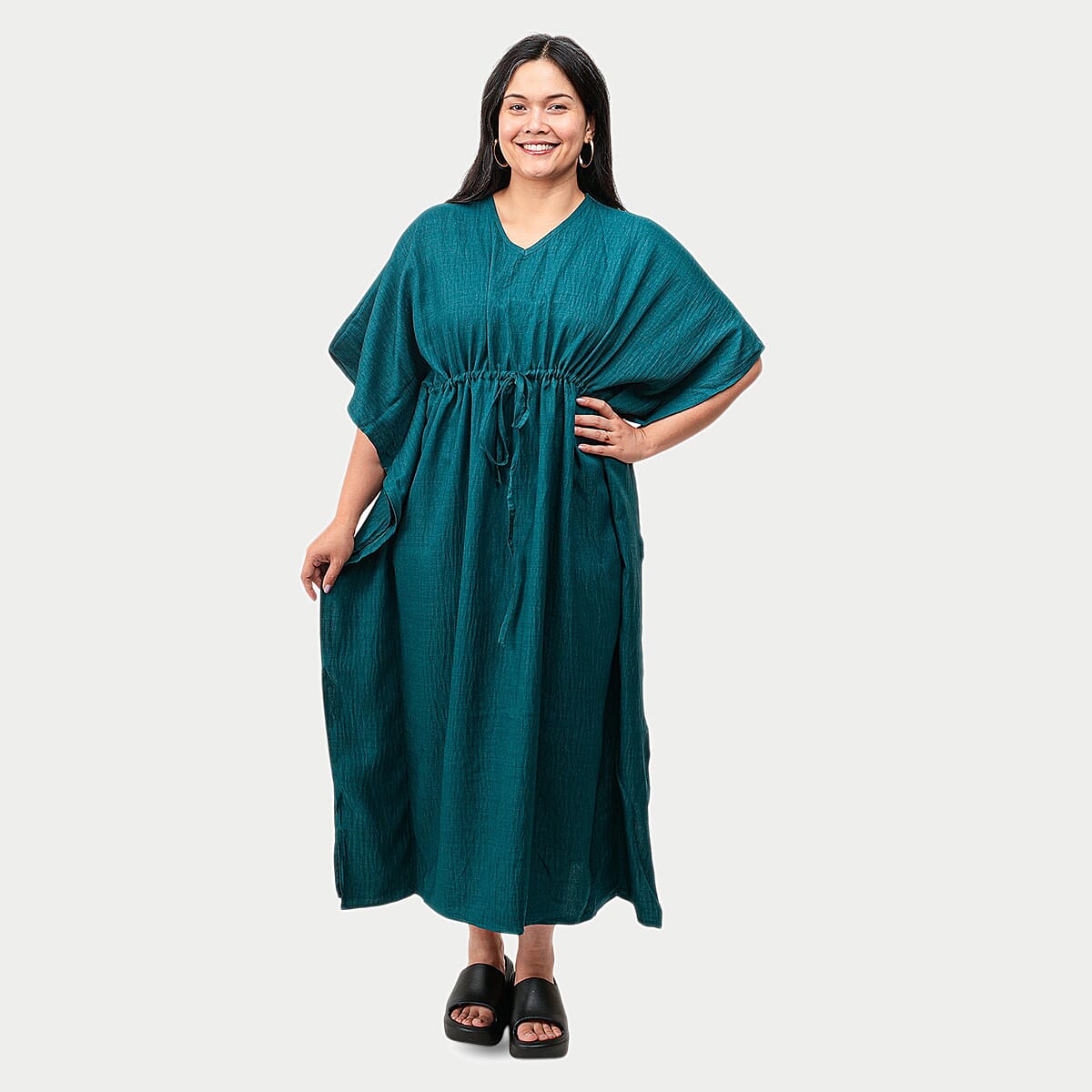 La Marey Teal V-neck Drawstring Waist Dress - One Size Missy