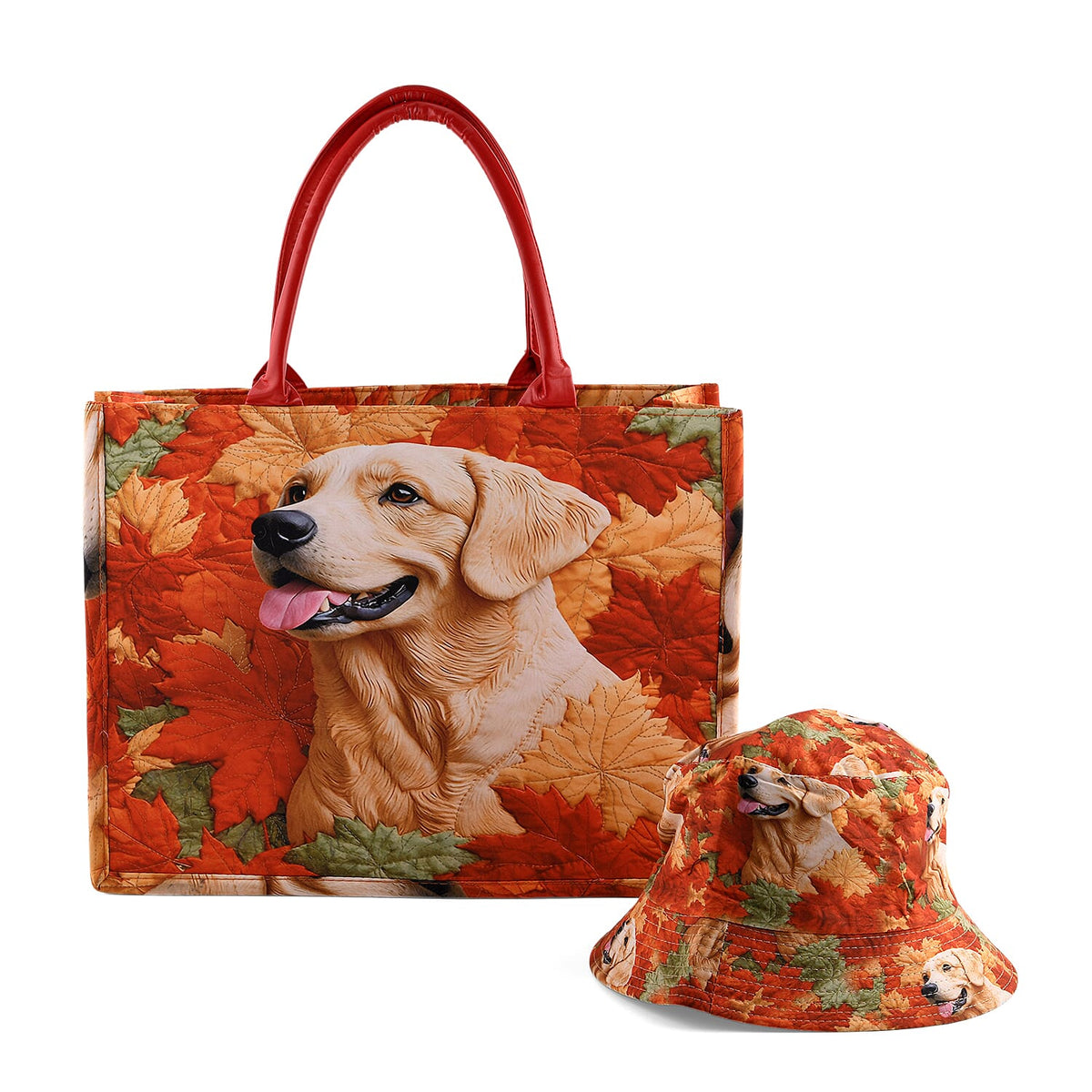 La Marey Red Dog Print Set of Bag (16.9"x12.9"x5.5") and Bucket Hat (22.8")