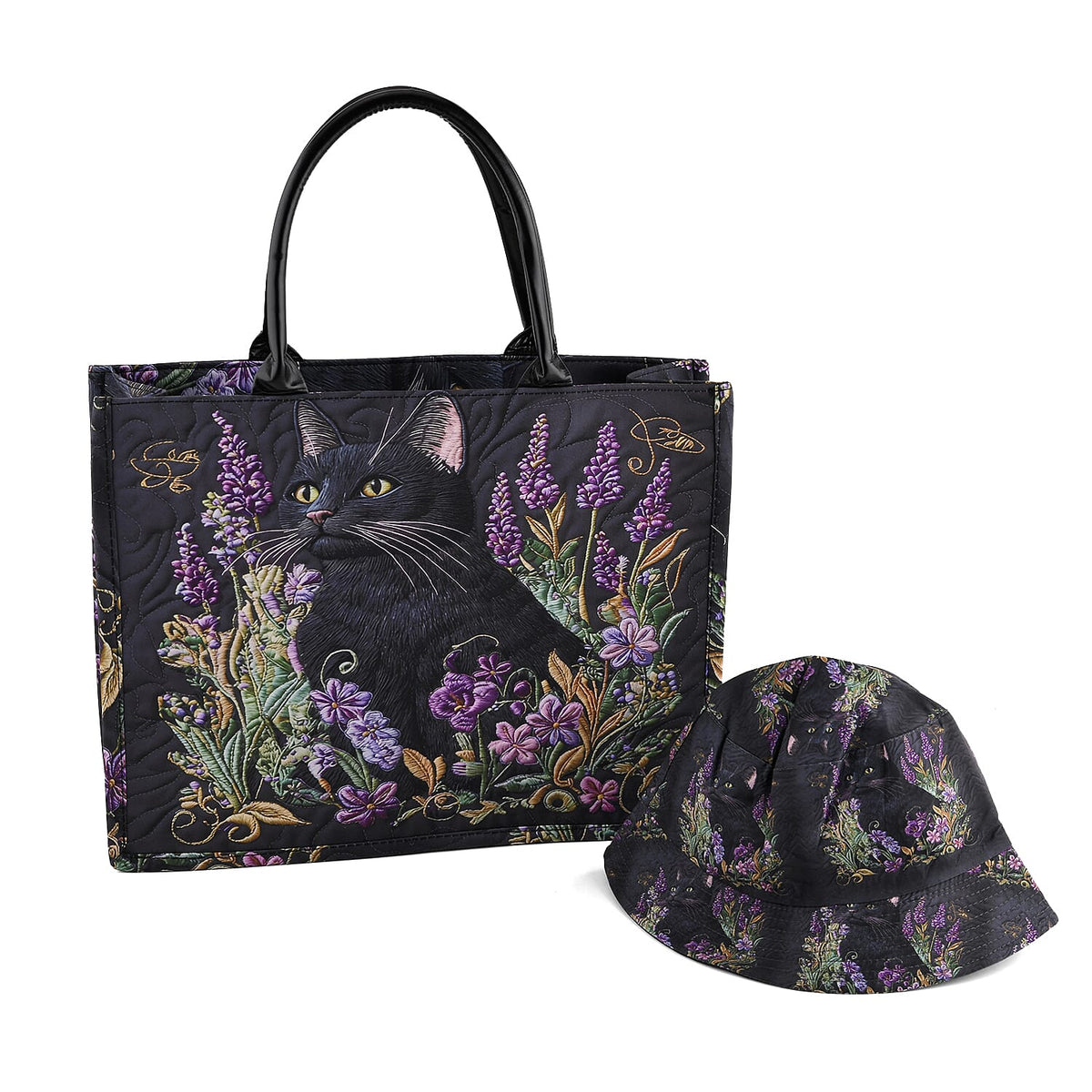 La Marey Yellow Floral and Cat Print Set of Bag (16.9"x12.9"x5.5") and Bucket Hat (22.8")