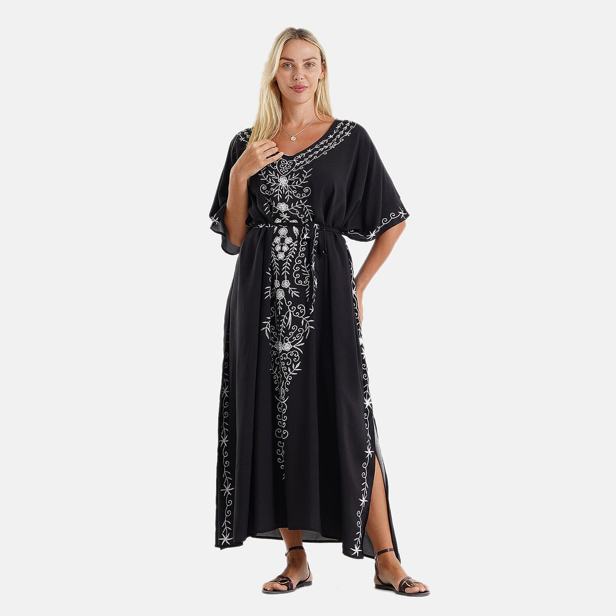 La Marey Black V-Neck Short Sleeved Maxi Dress-One Size Fits Most