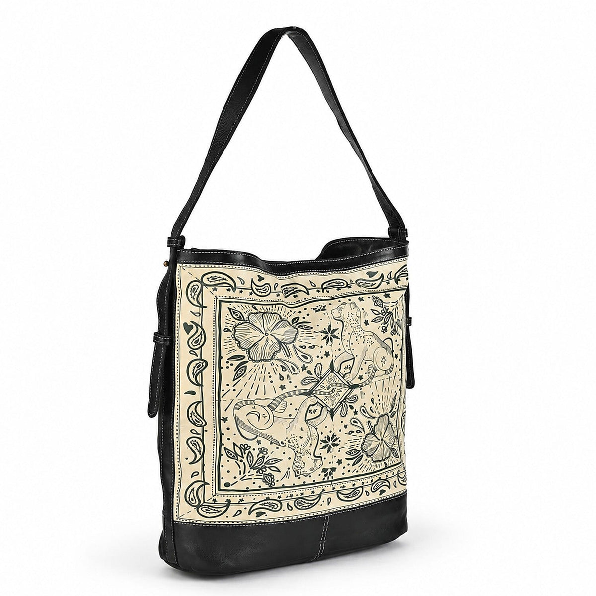 La Marey Black Genuine Leather with Front Panel Digital Print Tote Bag