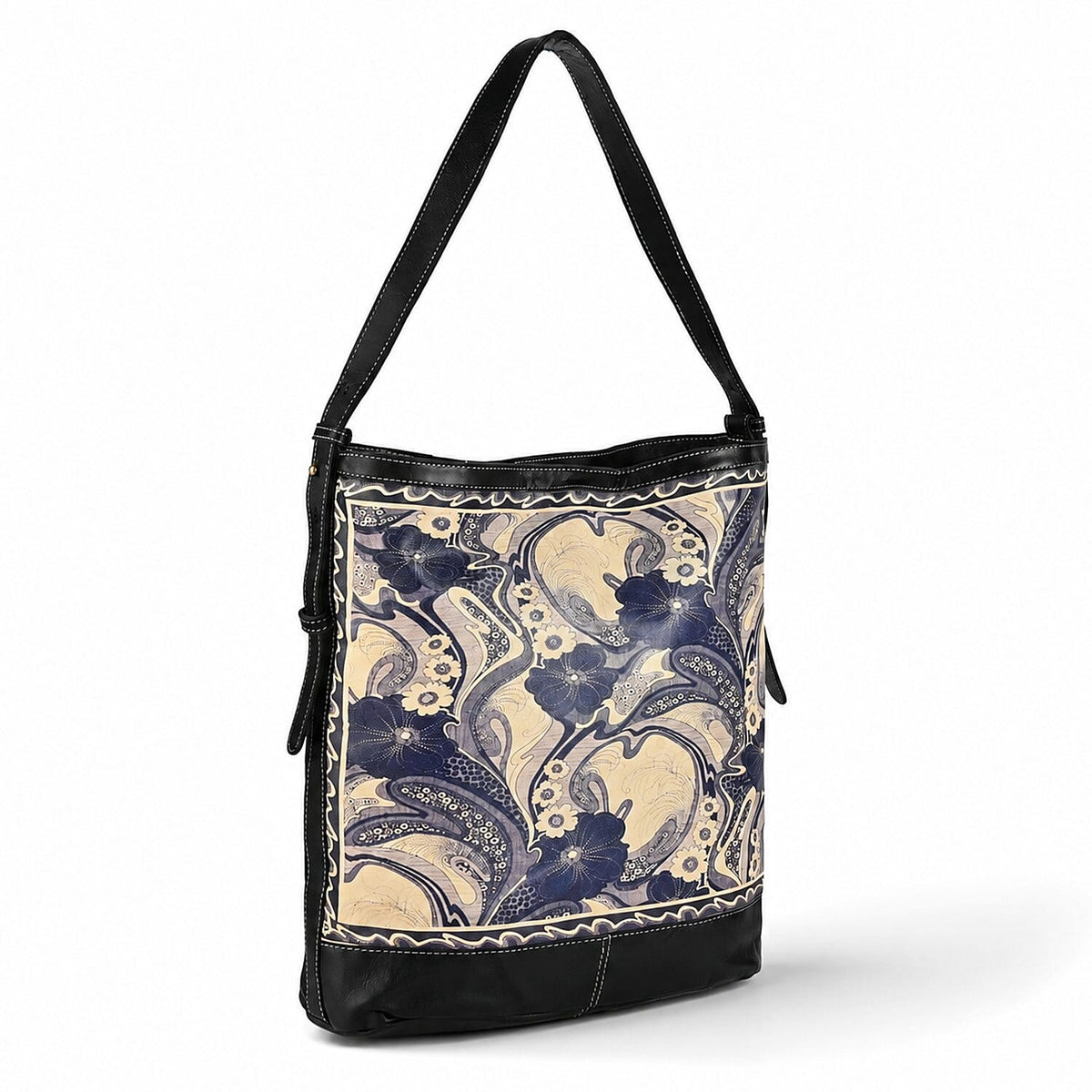 La Marey Black Genuine Leather with Front Panel Digital Print Tote Bag