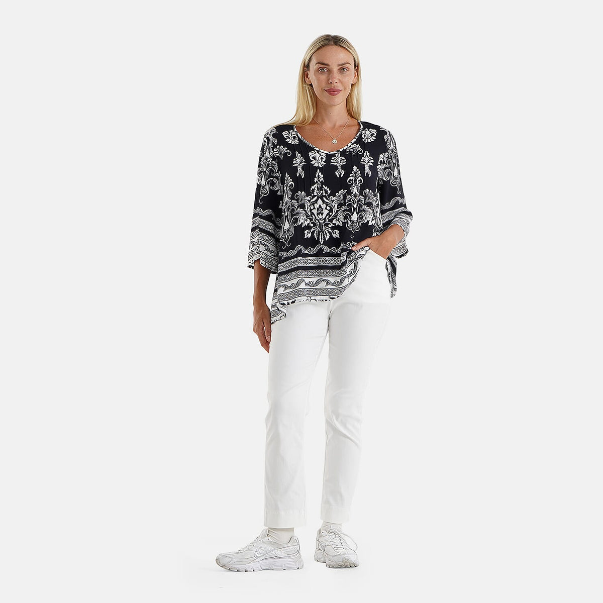 La Marey Blue Round Neck Printed Blouse-One Size Fits Most