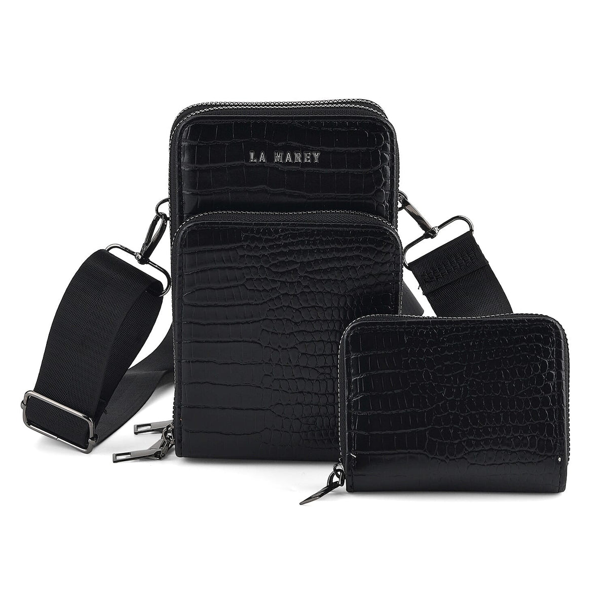 La Marey Black Faux Leather Women''s Mobile Crossbody Bag and Card Holder Wallet RFID with Shoulder Strap