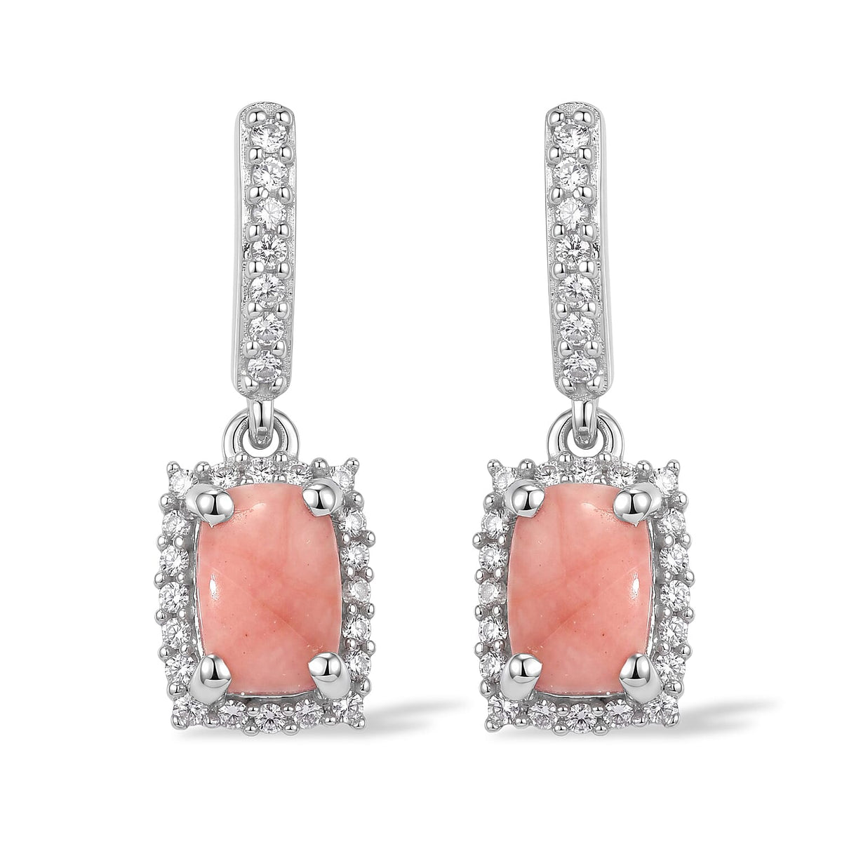 D''Joy Peach Opal, White Zircon Earrings in Rhodium Over Sterling Silver 1.20 ctw