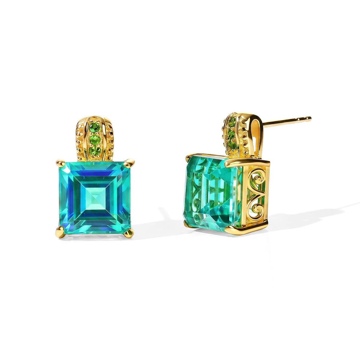 EverTrue Peacock Triplet Quartz, Chrome Diopside Stud Earrings in 18K YG Plated 11.60 ctw