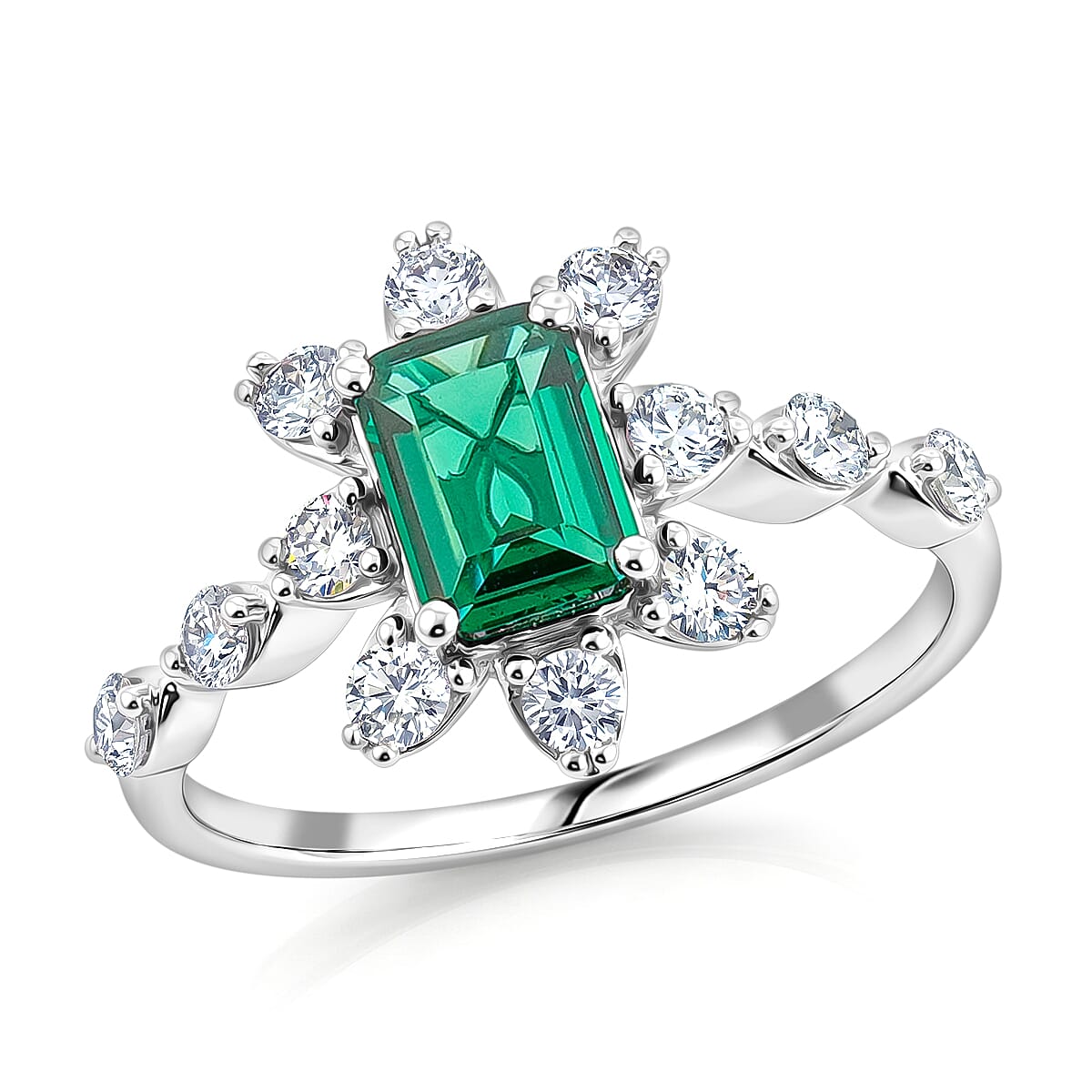Lab Grown Emerald, Lab Grown Diamond (SI1) (0.58 cts) Ring in Sterling Silver (Size 10.0) 1.39 ctw
