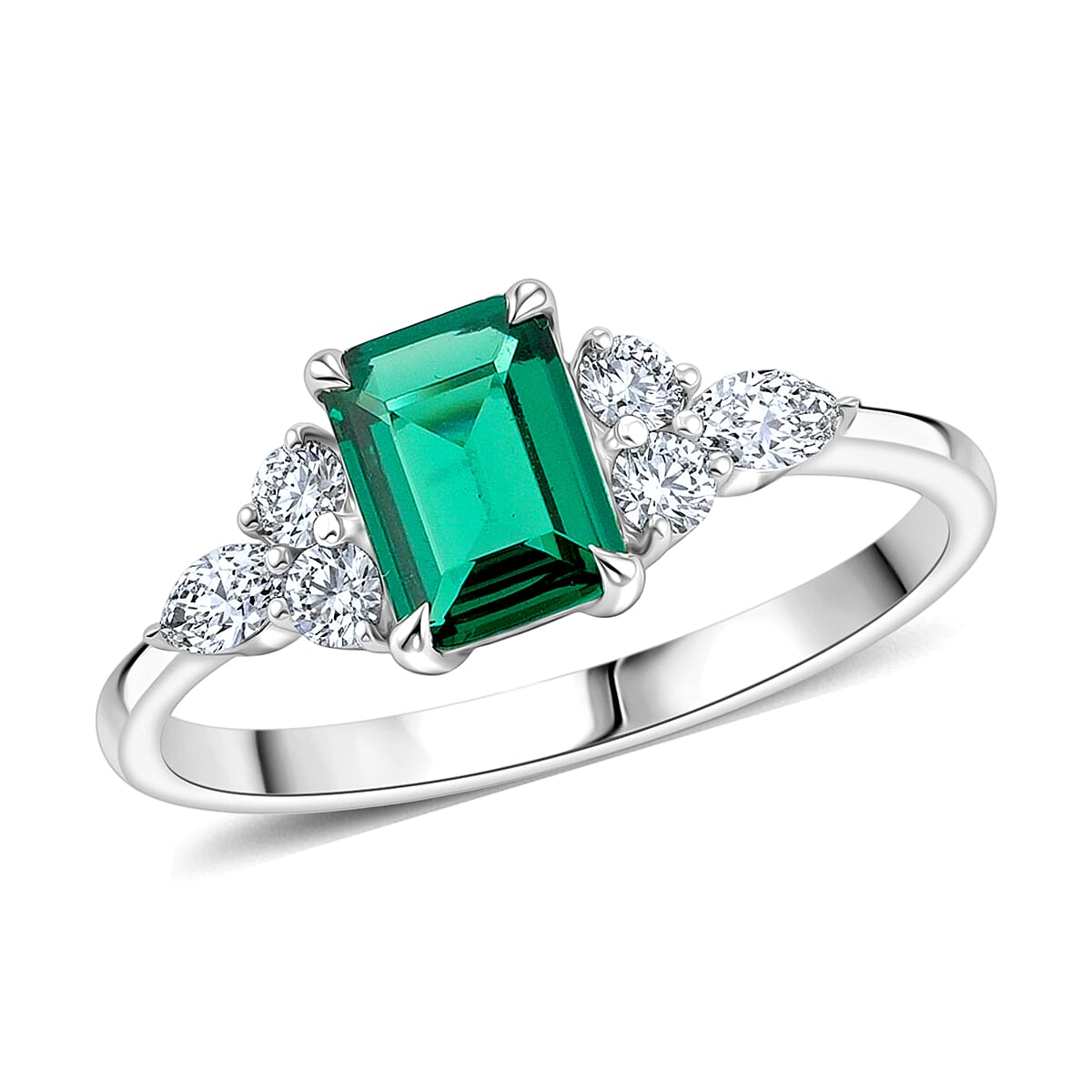 Lab Grown Emerald and Lab Grown Diamond Ring Sterling Silver 1.15 ctw