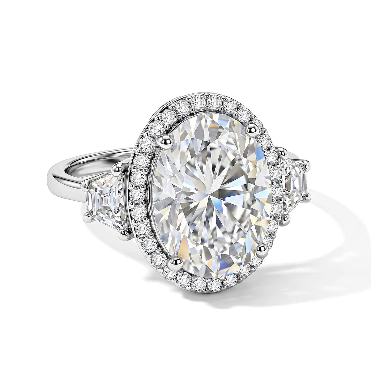 D'Joy Moissanite (Ovl 16x12mm) Halo Ring in Rhodium Over Sterling Silver (Size 10.0) 10.70 ctw