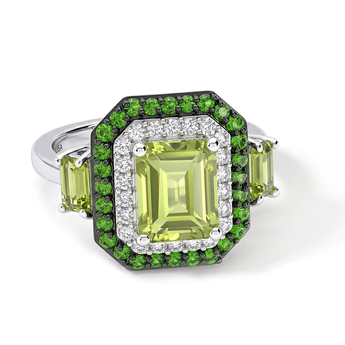 D'Joy Premium Hebei Peridot and Multi Gemstone 4.25 ctw Ring in Rhodium Over Sterling Silver (Size 7.0)