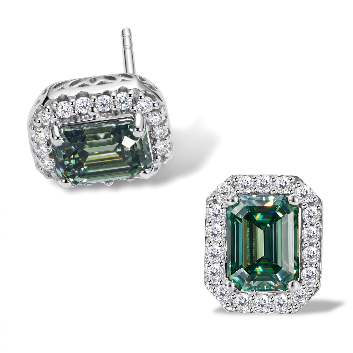 D'Joy Green Moissanite , Moissanite Main Stone With Surrounding Stone Earring in Rhodium OverSterling Silver 3.55 ctw