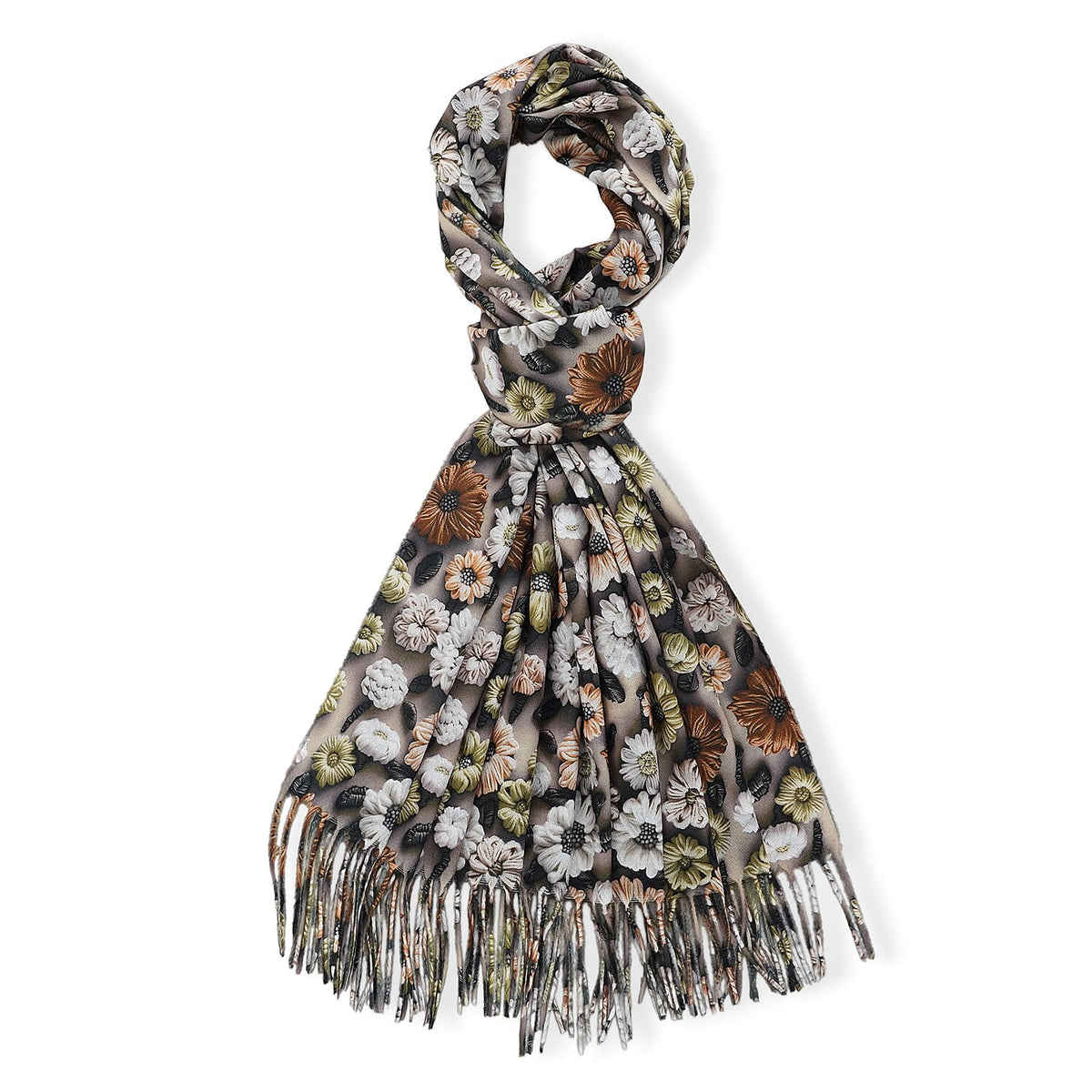 La Marey Rust Sage with Multi Both Side Floral Printed Pattern Scarf with Fringe