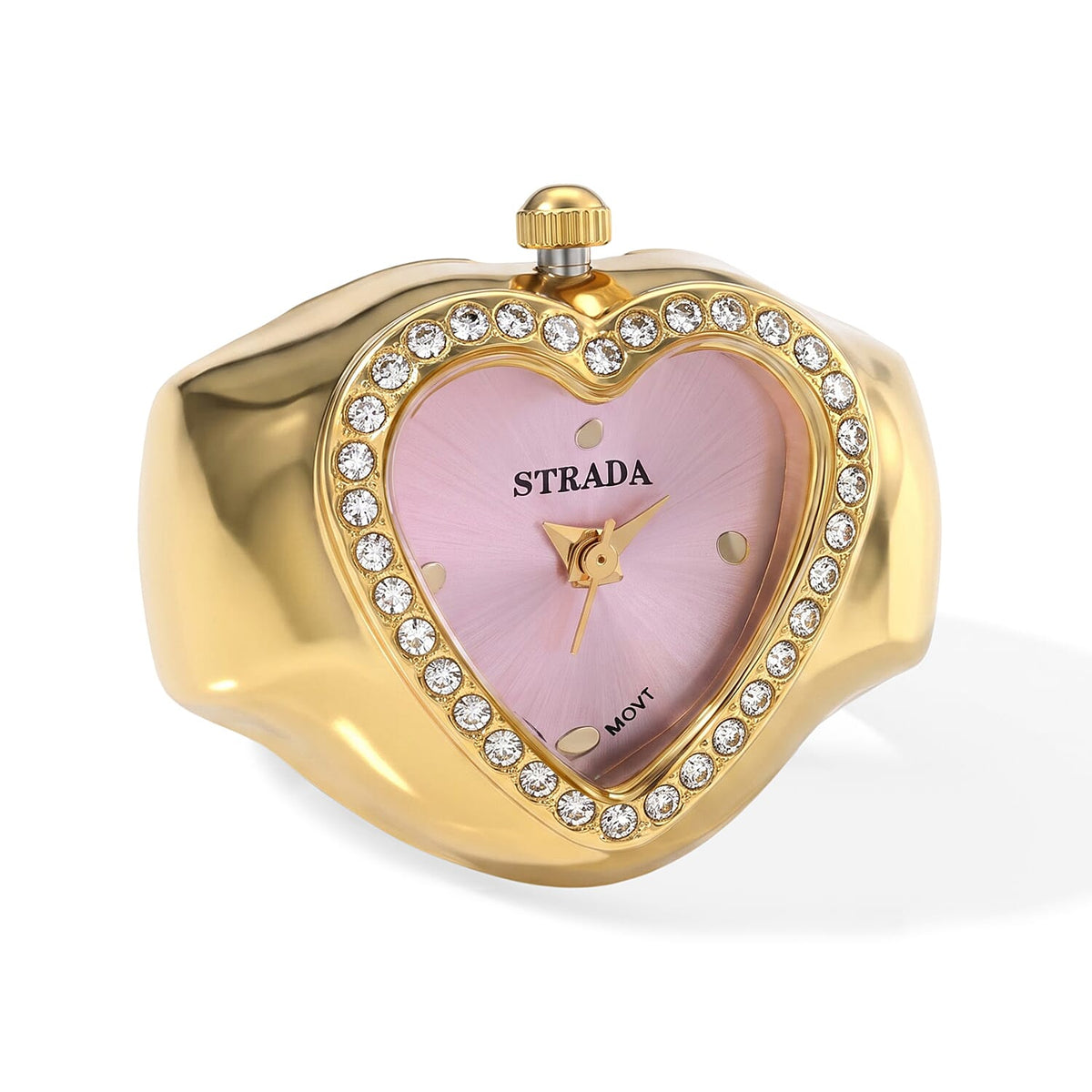 Strada Austrian Crystal Red Dial Heart Ring Watch in ION Plated RG Stainless Steel (Size 5-7)