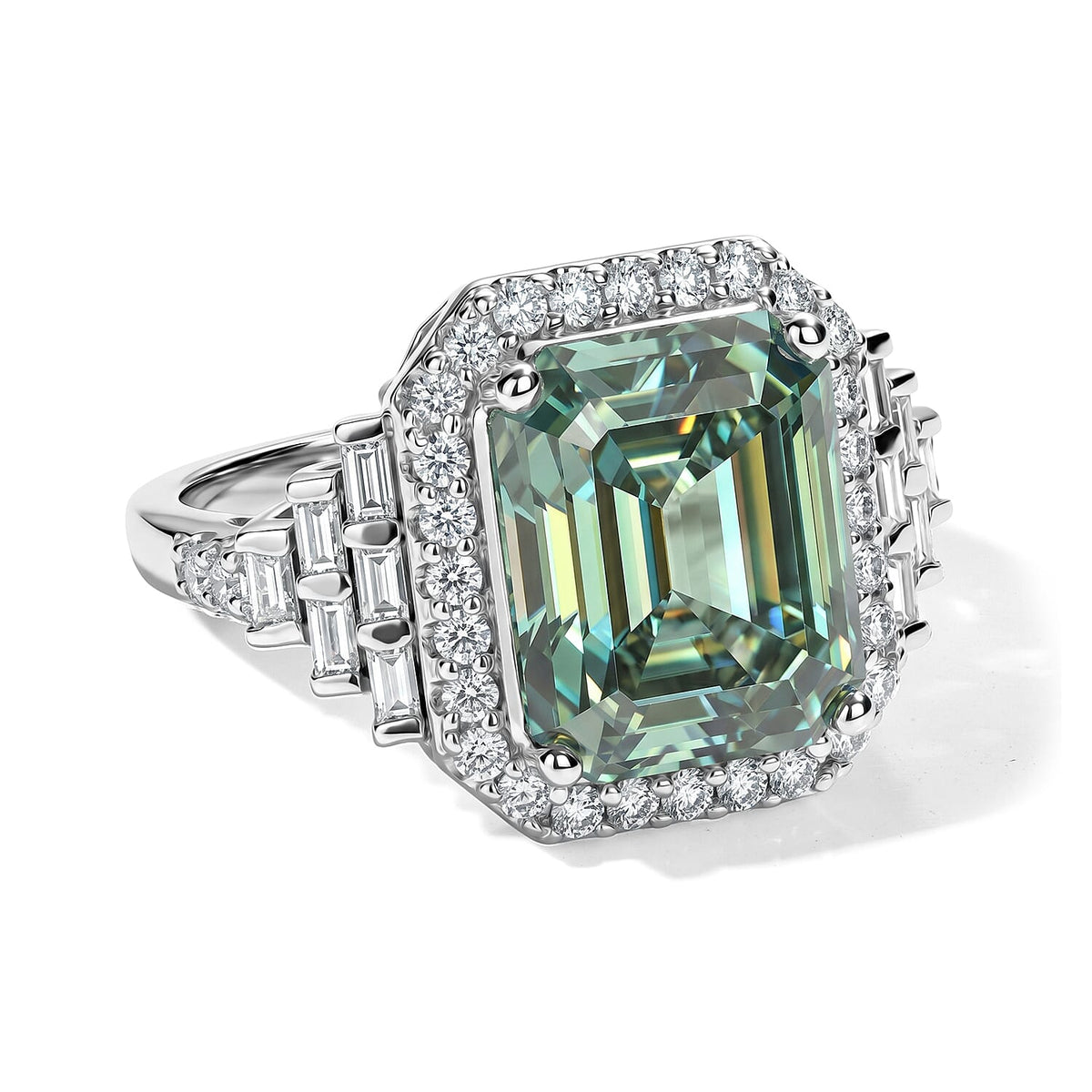 D'Joy Green Moissanite , Moissanite Main Stone With Side Stone Ring in Rhodium OverSterling Silver 5.32 ctw