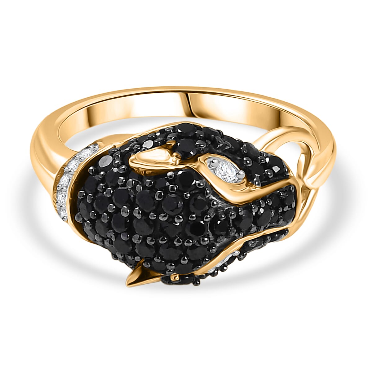 D''Joy Thai Black Spinel, White Zircon Ring in 18K YG Over Sterling Silver (Size 7.5) 1.20 ctw