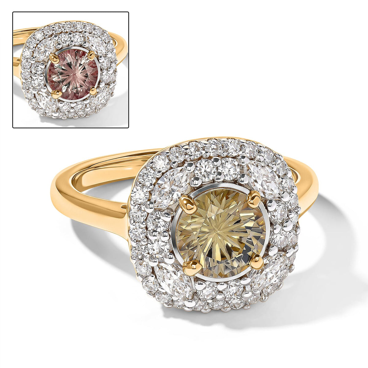 D''Joy Hanabi Cut Premium Turkizite, Moissanite Ring in 18K Vermeil YG Over Sterling Silver (Size 10.0) 1.85 ctw