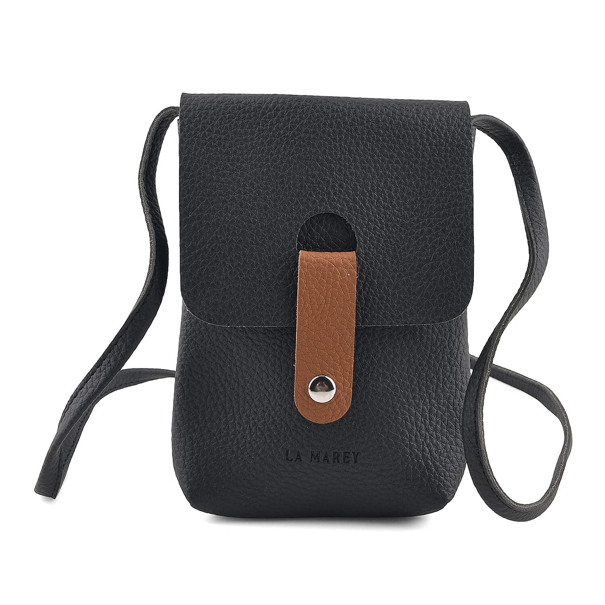 La Marey Black Genuine Leather Embossed Brand Crossbody Wallet