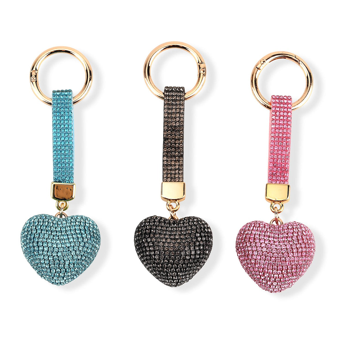 Green, Purple and Red Crystal 3pcs Set Heart Keychain in Goldtone