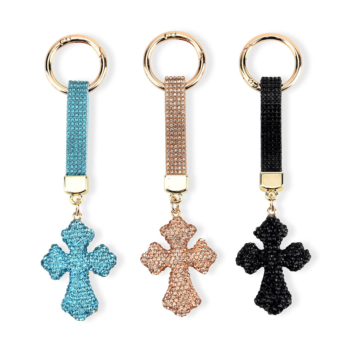 Black, Blue and Champagne Crystal 3pcs Set Cross Keychain in Goldtone