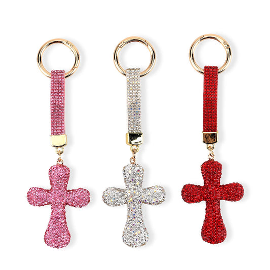 Black, Blue and Champagne Crystal 3pcs Set Cross Keychain in Goldtone