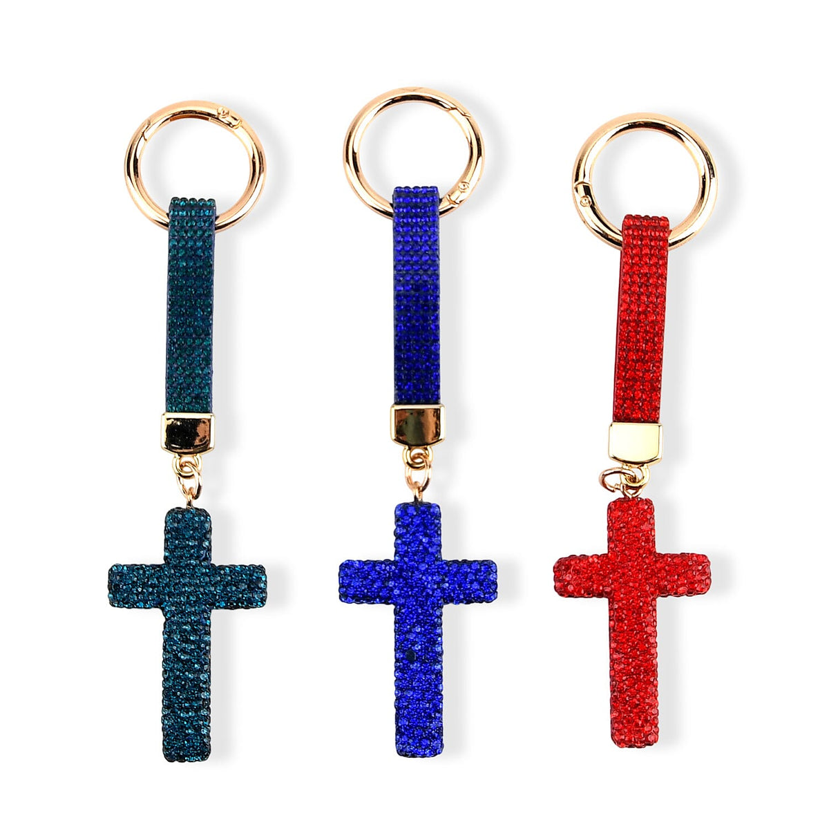 Black, Blue and Champagne Crystal 3pcs Set Cross Keychain in Goldtone