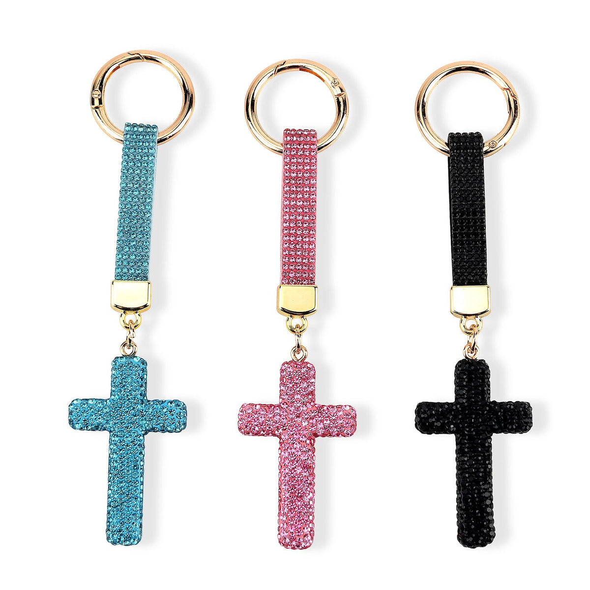 Black, Blue and Champagne Crystal 3pcs Set Cross Keychain in Goldtone
