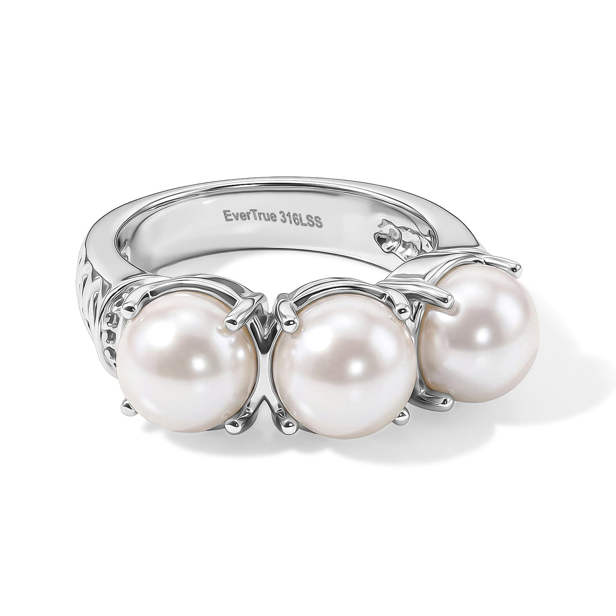 EverTrue White Freshwater Pearl 3 Stone Ring in Stainless Steel (Size 10.0)