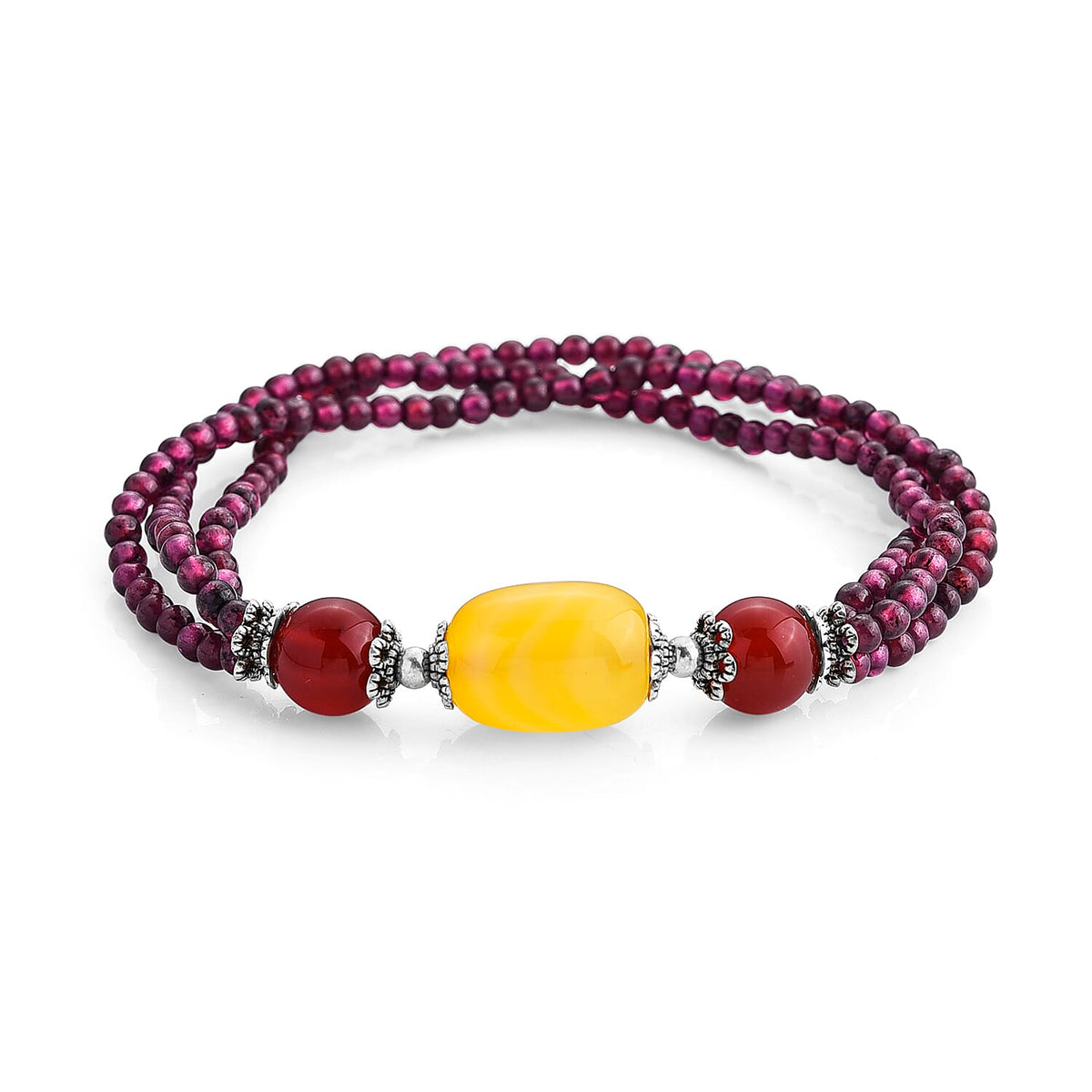 Agate and Garnet Beaded Cotton Cord Bracelet in Silvertone (Adjustable) 40.00 ctw