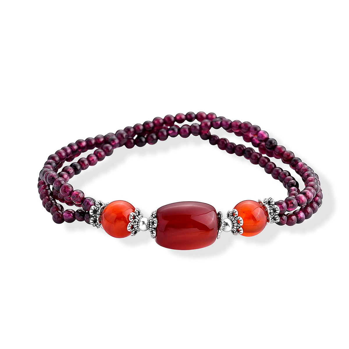 Agate and Red Garnet Beaded Cotton Cord Bracelet in Silvertone (Adjustable) 40.00 ctw