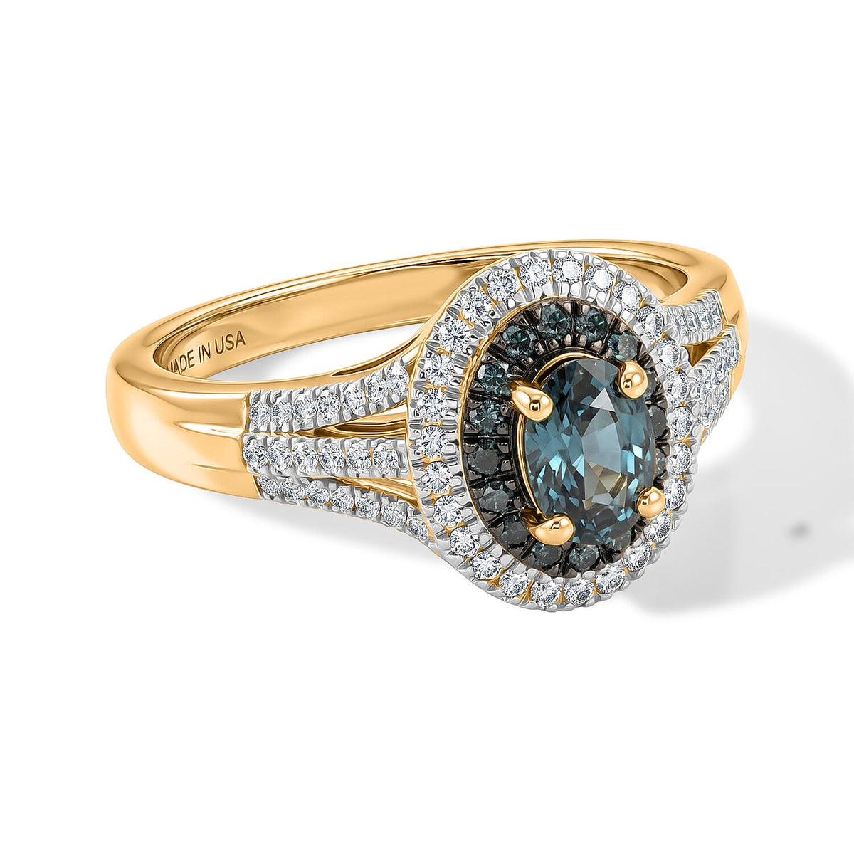 D''Joy Montana Sapphire, Blue and White Diamond Ring in 18K Vermeil YG Over Sterling Silver (Size 7.0) 1.10 ctw