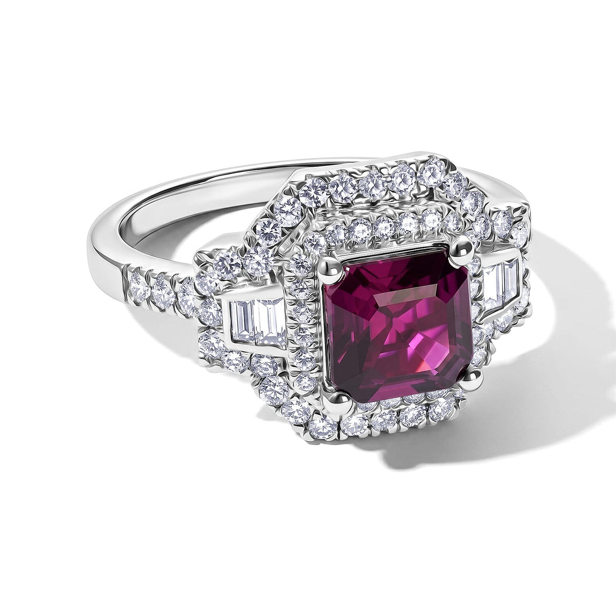 D''Joy AAA Radiant Ember Garnet, Moissanite Ring in Rhodium Over Sterling Silver (Size 10.0) 2.65 ctw