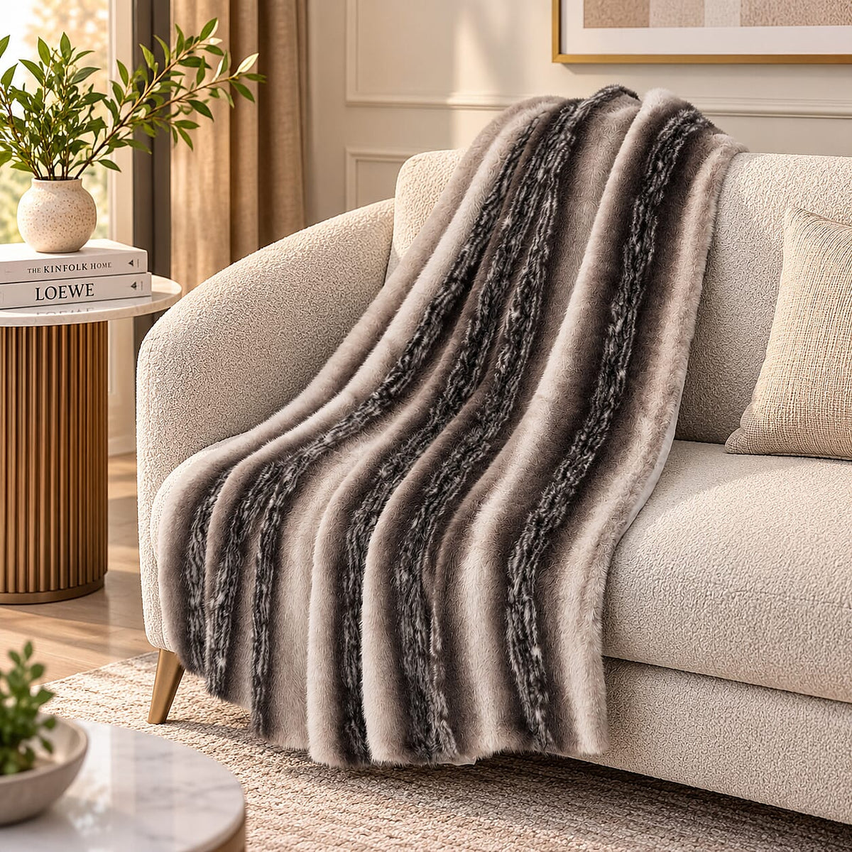 Livmore Black Brown Double Layer Stripe Print Blanket