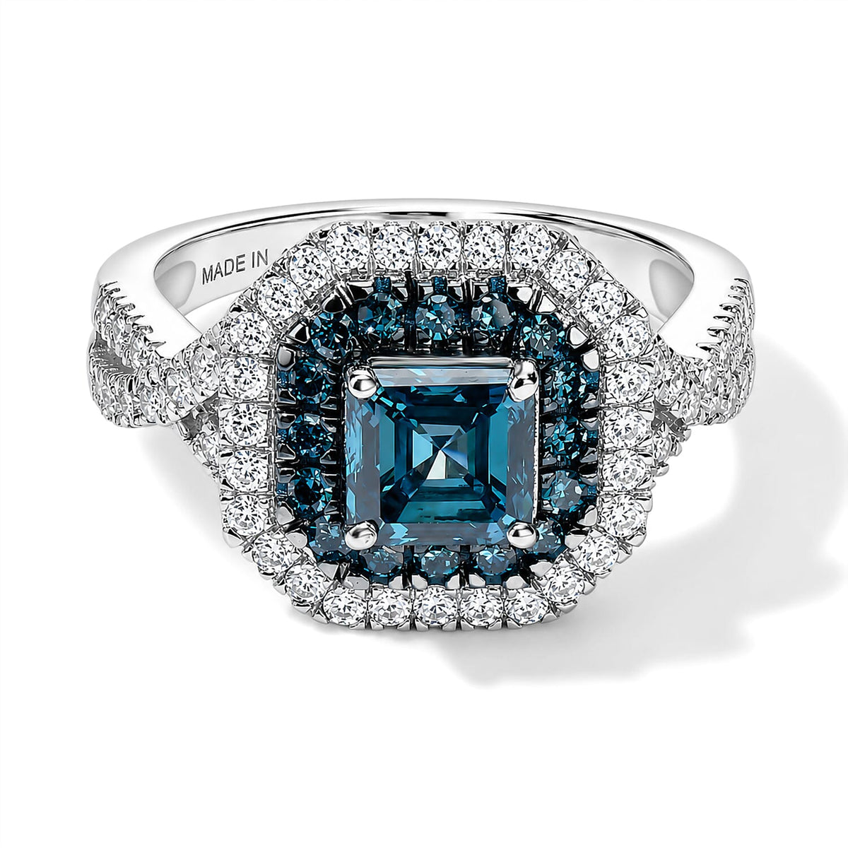 TLV Luxuriant Asscher Cut Lab Grown Blue Diamond (IR),Lab Grown Diamond (SI) Ring in Rhodium Over Sterling Silver (Size 6.0) 1.80 ctw