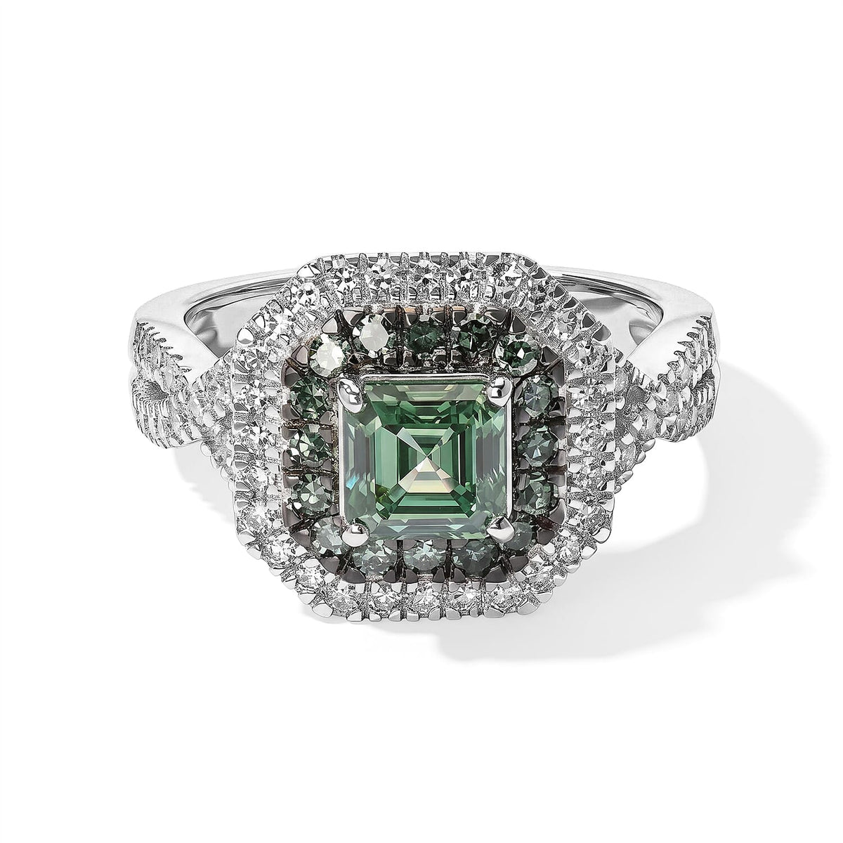 TLV Luxuriant Asscher Cut Lab Grown Blue Diamond (IR),Lab Grown Diamond (SI) Ring in Rhodium Over Sterling Silver (Size 6.0) 1.80 ctw
