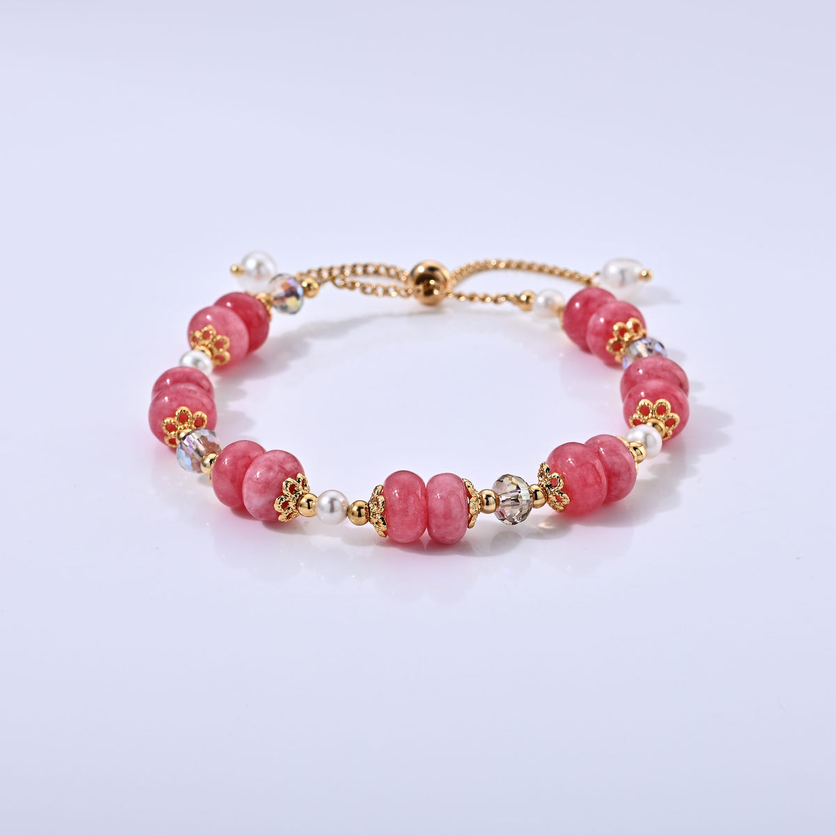Strawberry Quartz, Freshwater Pearl Bracelet in Goldtone (6.00-9.00In) 40.00 ctw
