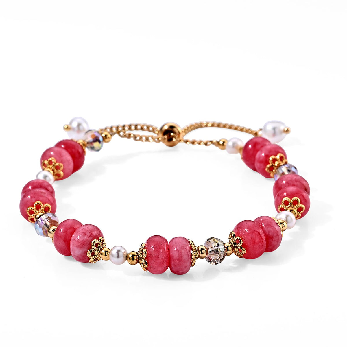 Strawberry Quartz, Freshwater Pearl Bracelet in Goldtone (6.00-9.00In) 40.00 ctw