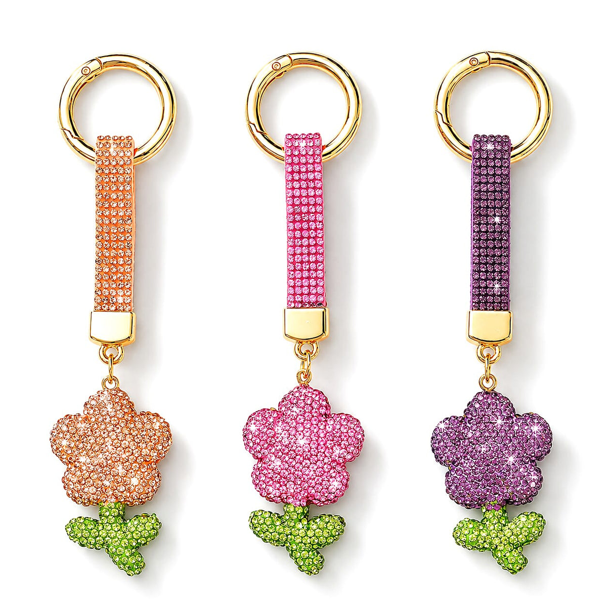 Livmore Pink, Gold and Purple Floral 3pcs Set Crystal Keyring