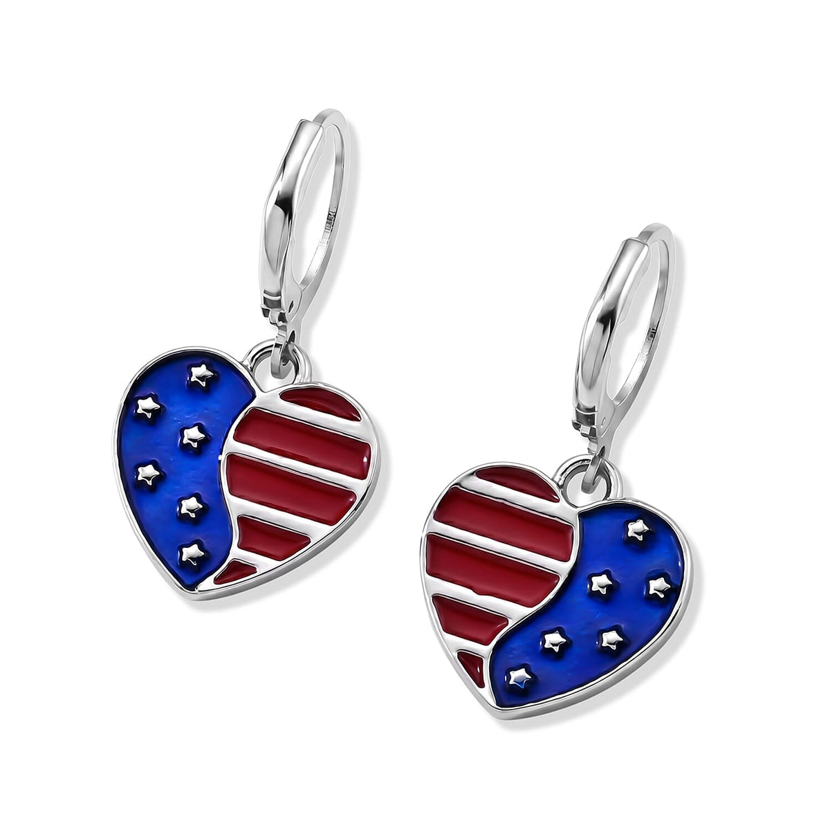 Enameled USA Flag Pattern Heart Earrings in Silvertone