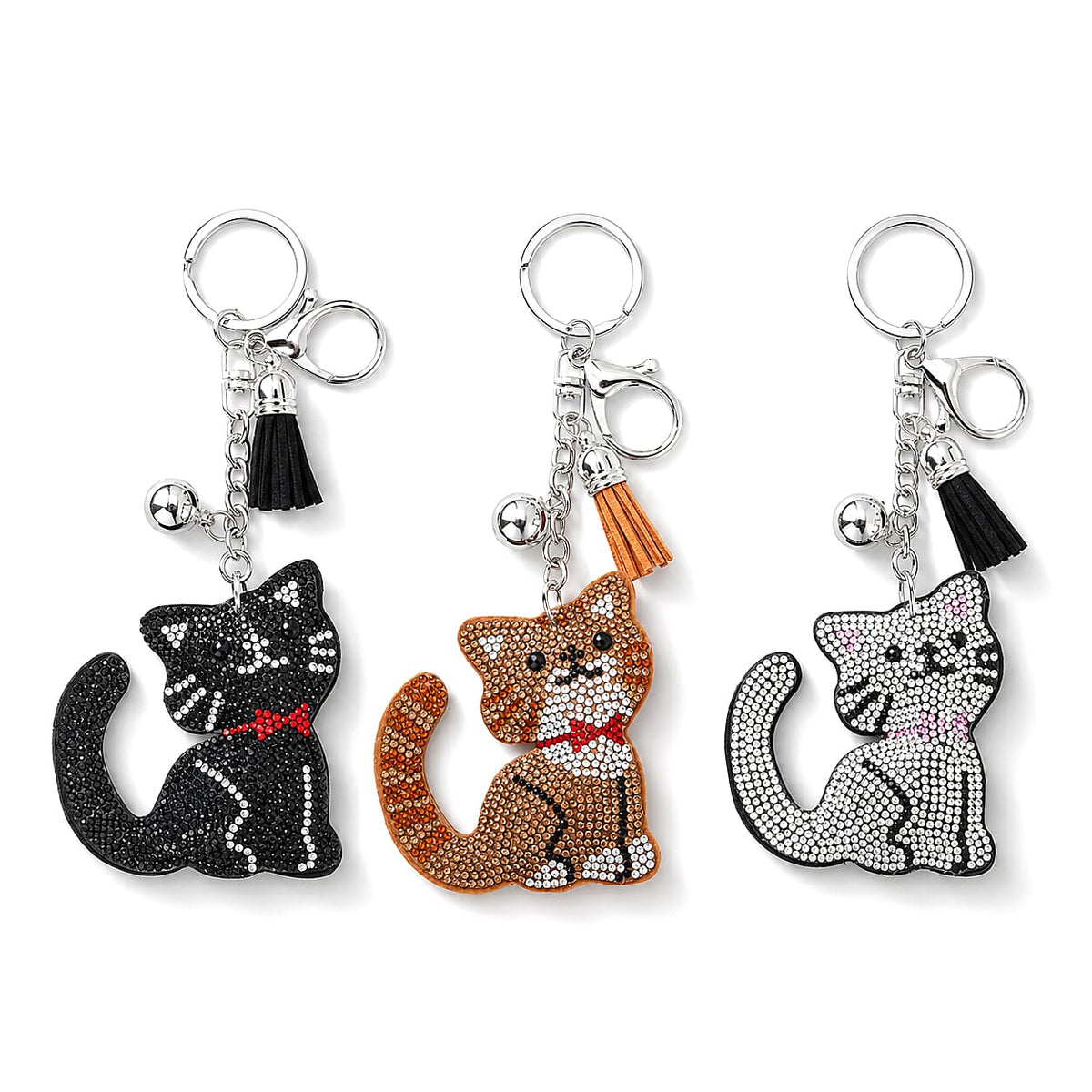 Livmore Black, Pink and Green Cat 3pcs Set Crystal Keyring