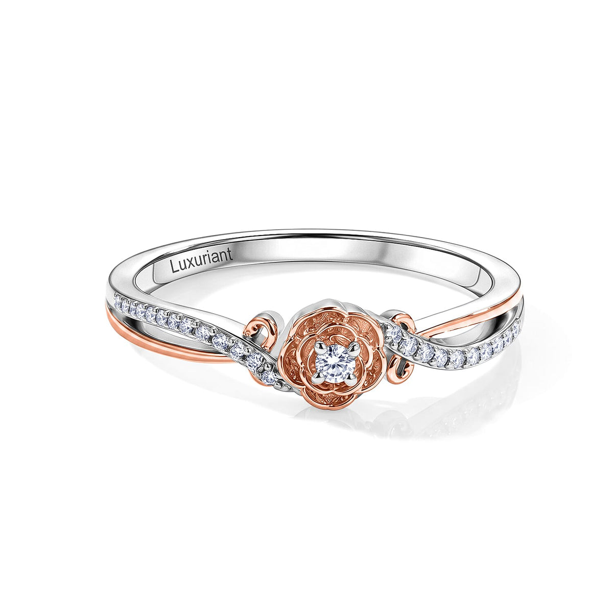 Luxuriant Lab Grown Diamond (G-H, SI) Rose Floral Ring in 18K Vermeil RG and Rhodium Over Sterling Silver (Size 5.0) 0.15 ctw