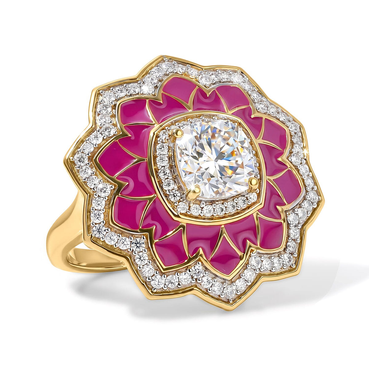 D'Joy Moissanite (Cush 7x7mm) Ring in 18K Vermeil YG Over Sterling Silver (Size 10.0) 2.30 ctw