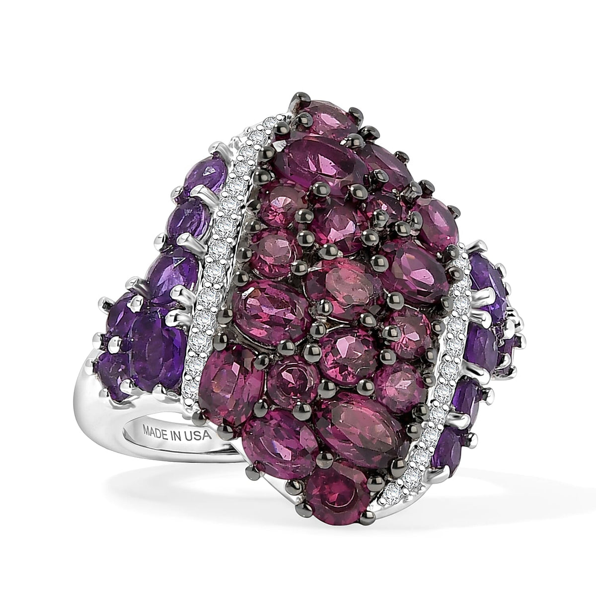 D'Joy Premium Orissa Rhodolite Garnet, Multi Gemstone Berry Crown Ring in Rhodium Over Sterling Silver (Size 10.0) 4.10 ctw